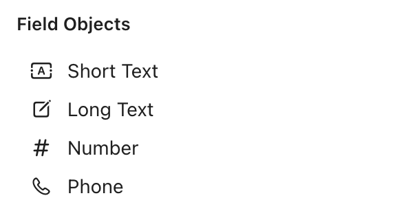 Studio number types: short text, long text, number, and phone.